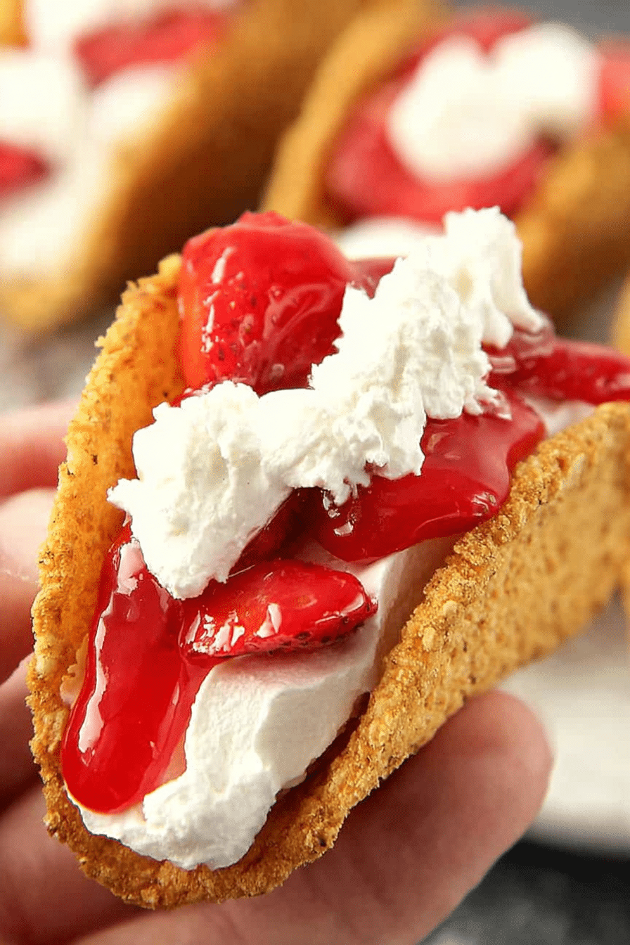 Delicious strawberry cheesecake tacos on a plate, decorated with fresh strawberries and mint, perfect for spring desserts.