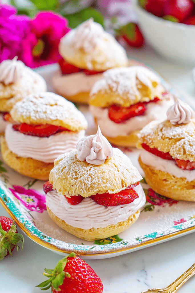 Delicious strawberry cream puffs garnished with fresh strawberries and powdered sugar on a plate.