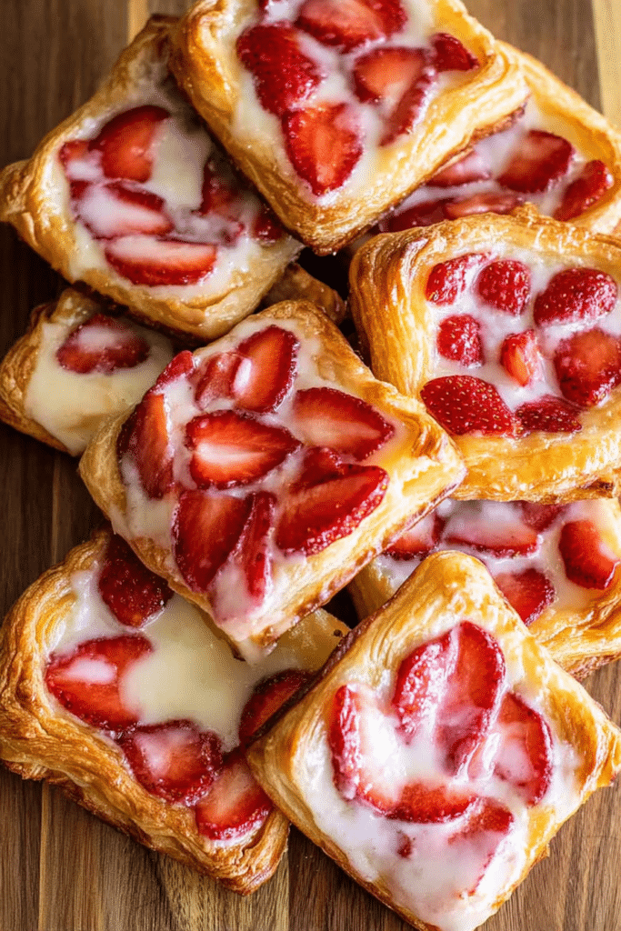 Delicious strawberry danishes topped with fresh strawberries and powdered sugar on a wooden table.