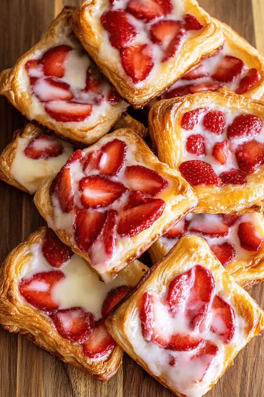 Delicious strawberry danishes topped with fresh strawberries and powdered sugar on a wooden table.