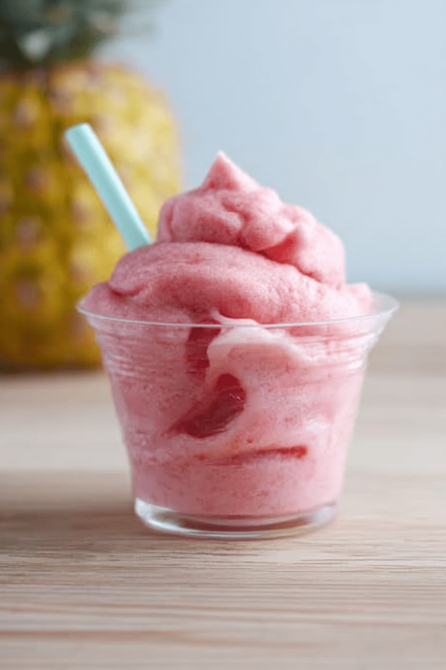 Bowl of strawberry Dole Whip topped with fresh strawberries and a mint leaf, perfect summer dessert.
