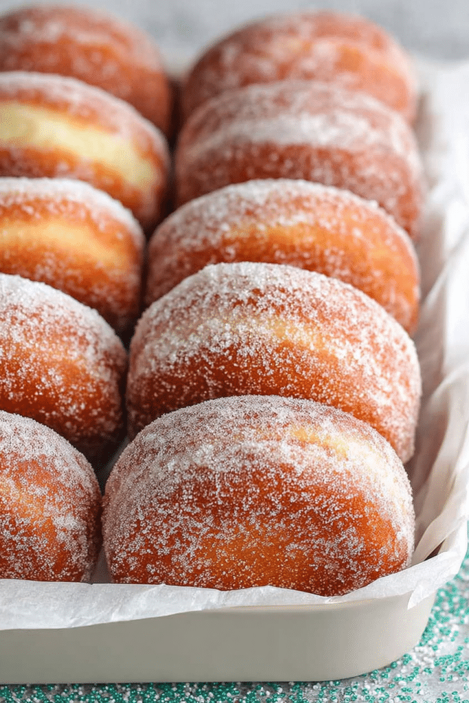 Close-up of sugar donuts stacked on a table, showcasing their fluffy texture and sugary coating.