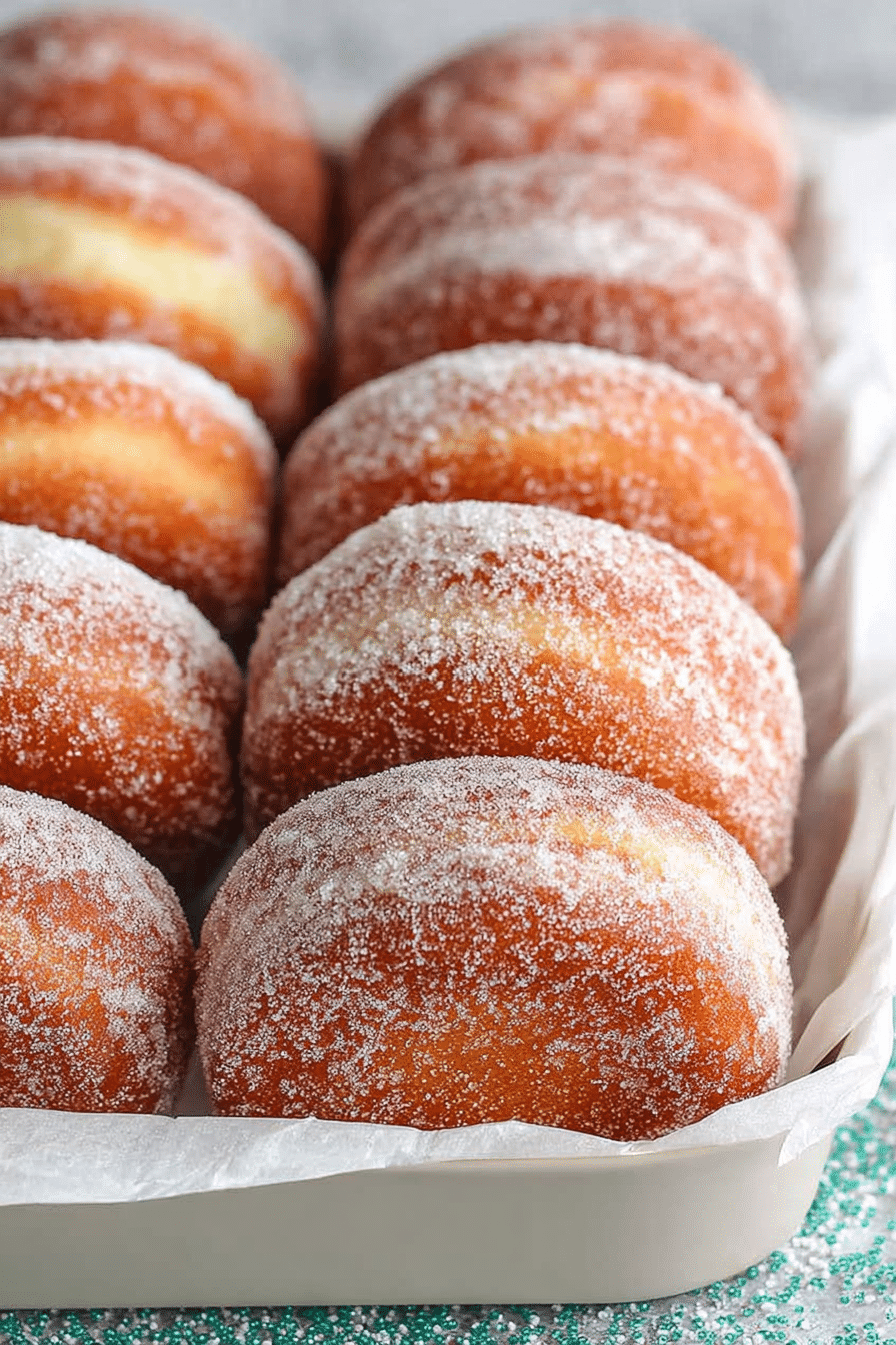 Close-up of sugar donuts stacked on a table, showcasing their fluffy texture and sugary coating.