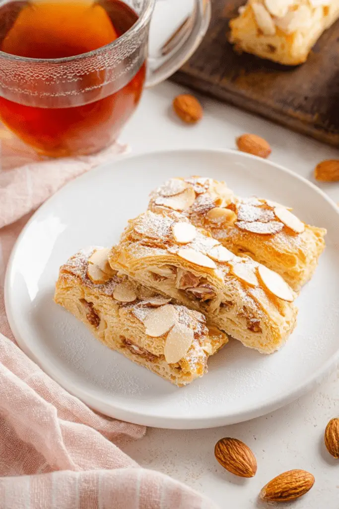 Delicious sweet almond pastry garnished with almonds on a wooden table.