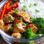 Overhead view of teriyaki chicken meal prep bowls with chicken, vegetables, and rice topped with sesame seeds and spring onions.