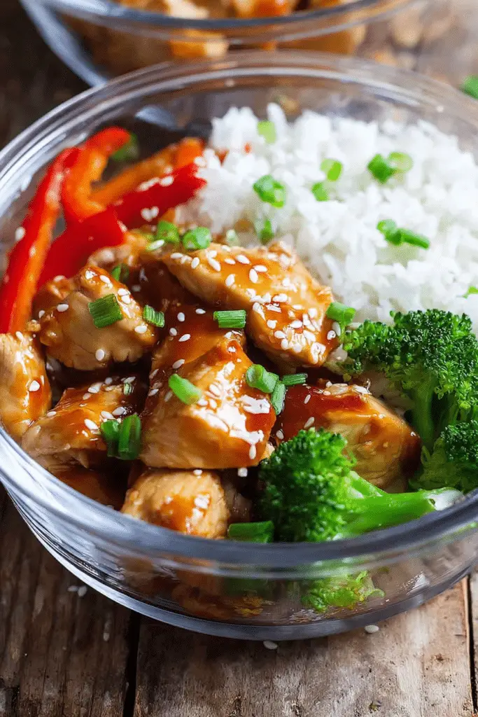 Overhead view of teriyaki chicken meal prep bowls with chicken, vegetables, and rice topped with sesame seeds and spring onions.