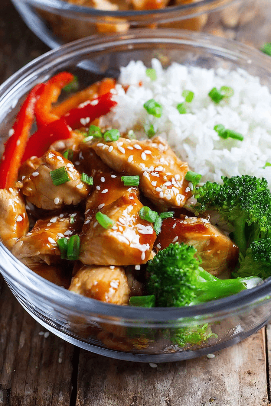 Overhead view of teriyaki chicken meal prep bowls with chicken, vegetables, and rice topped with sesame seeds and spring onions.