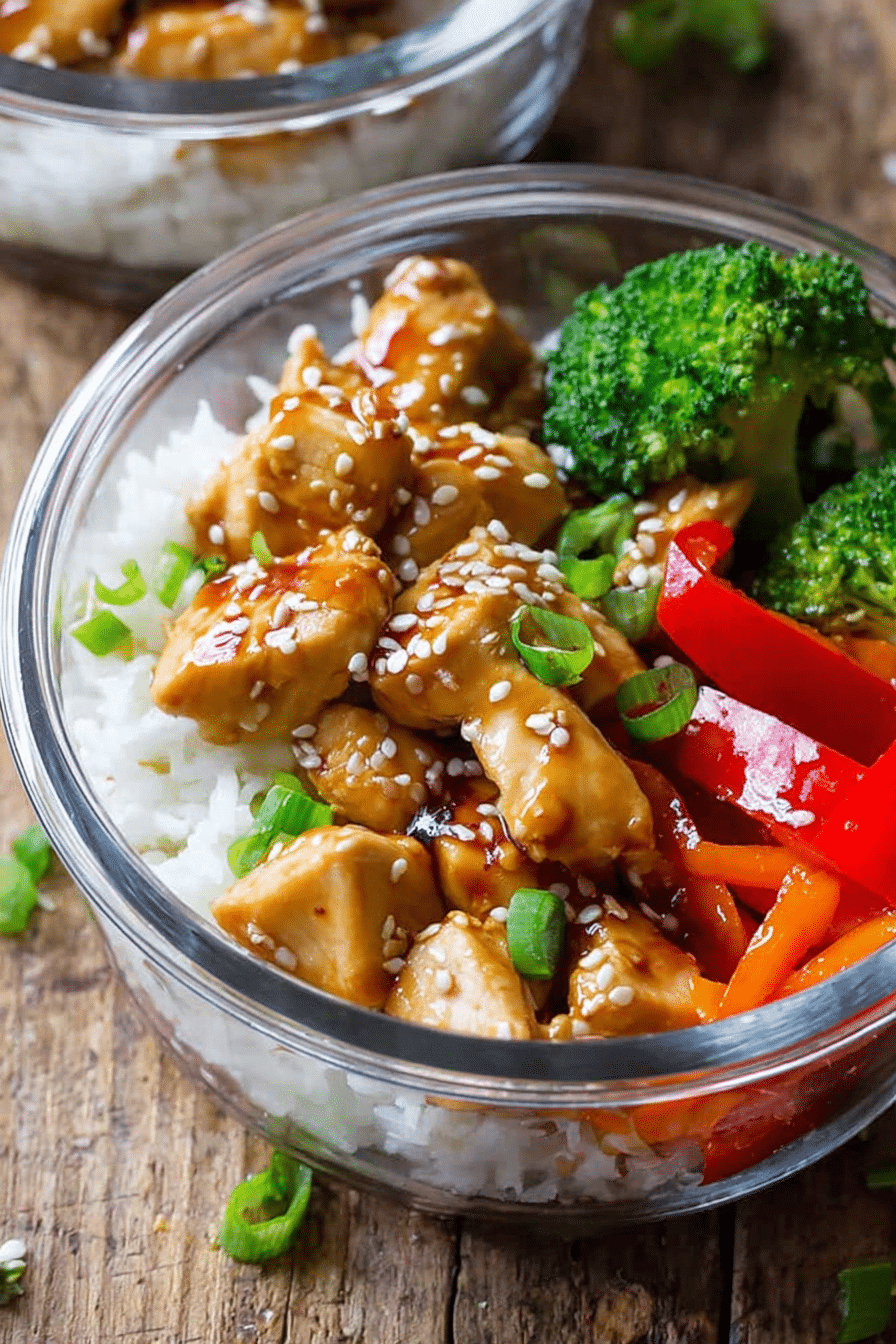 Colorful teriyaki chicken meal prep bowls with broccoli, bell peppers, and rice, garnished with sesame seeds and spring onions.