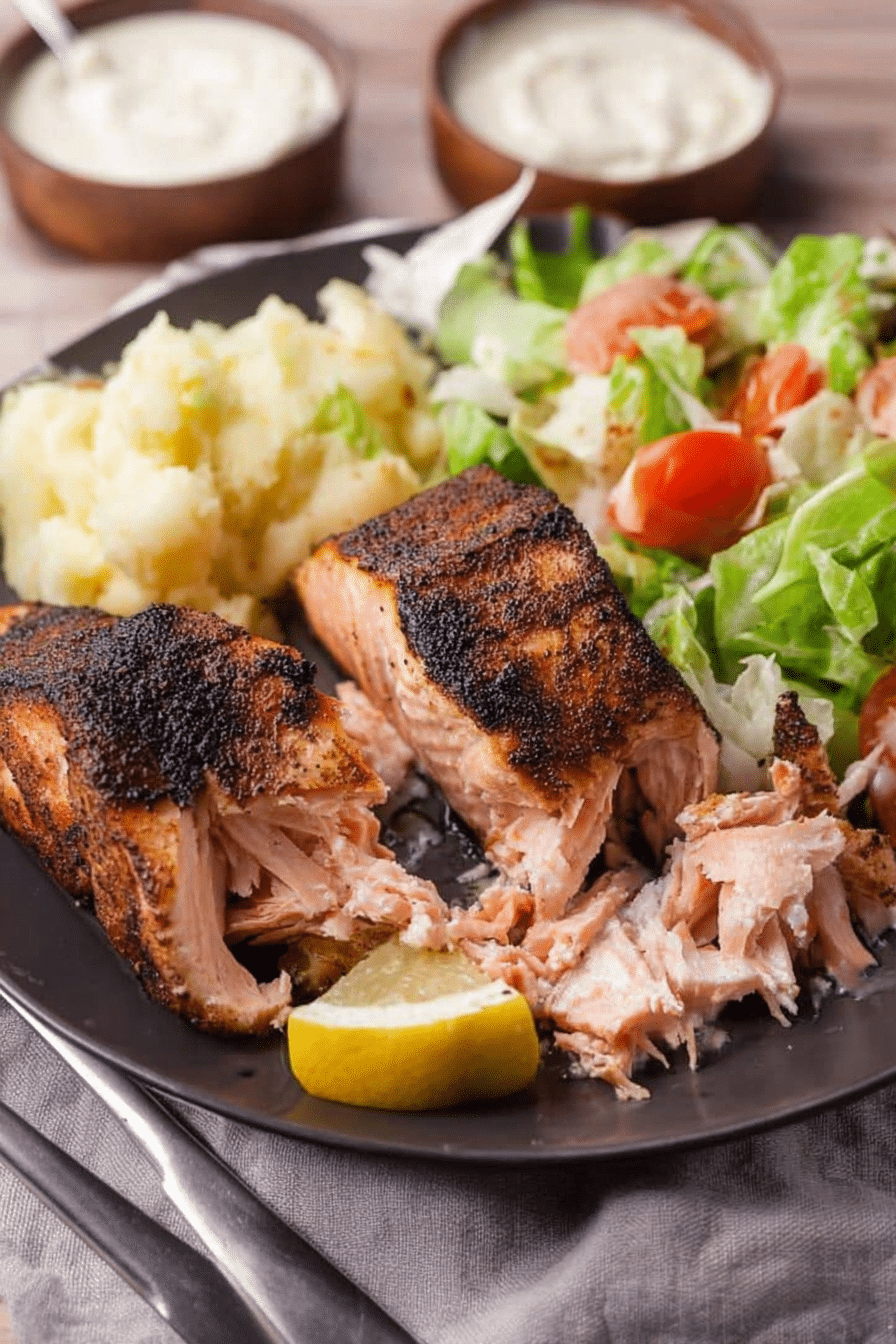 Delicious Texas Roadhouse salmon fillet garnished with lemon and herbs, served with mashed potatoes and vegetables.