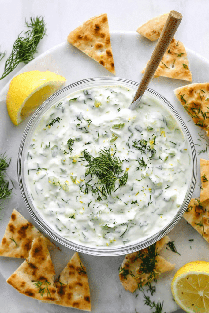 Easy healthy tzatziki sauce in a bowl with fresh dill and pita chips, perfect for dipping.
