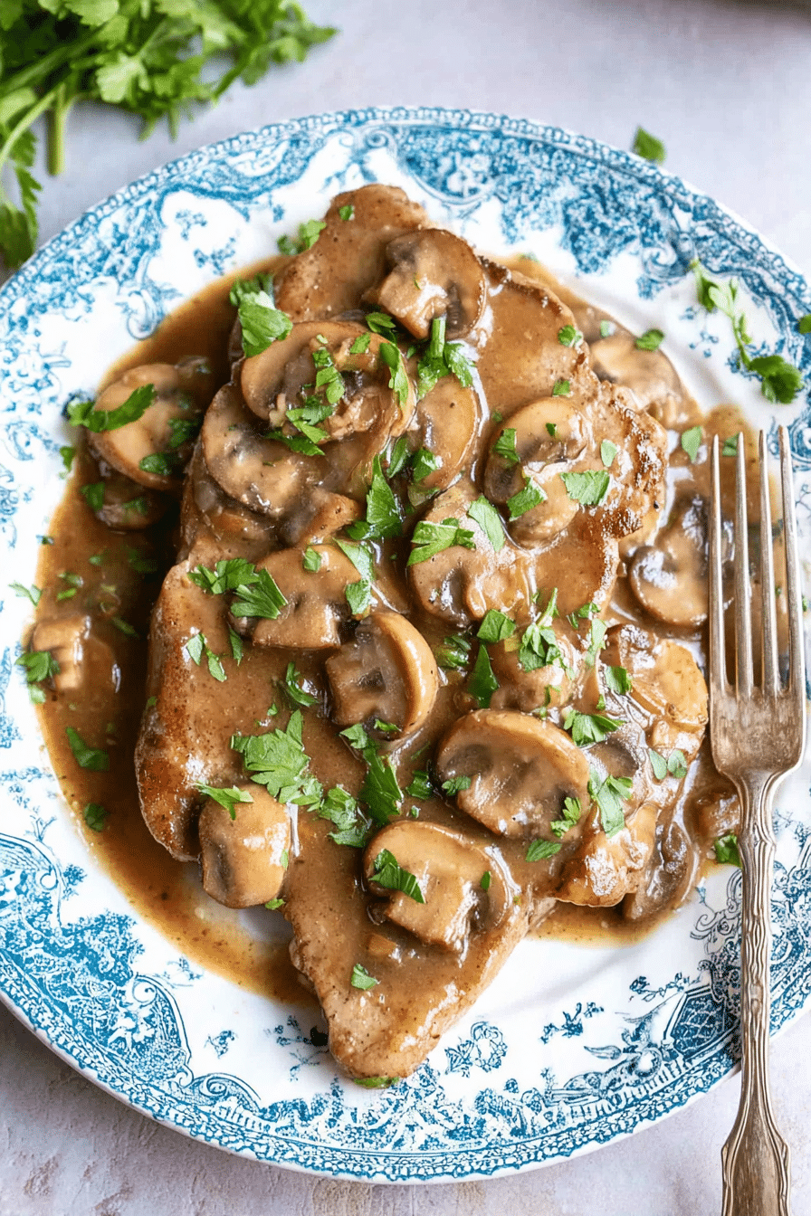 Delicious veal marsala with mushrooms served on a rustic wooden table, garnished with fresh parsley.