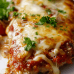 Delicious veal parmigiana served on a white plate with fresh parsley garnish and a sprinkle of Parmesan cheese.