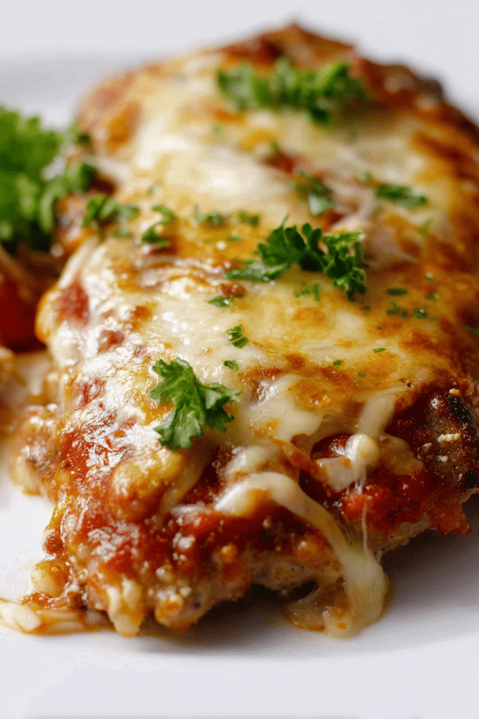 Delicious veal parmigiana served on a white plate with fresh parsley garnish and a sprinkle of Parmesan cheese.