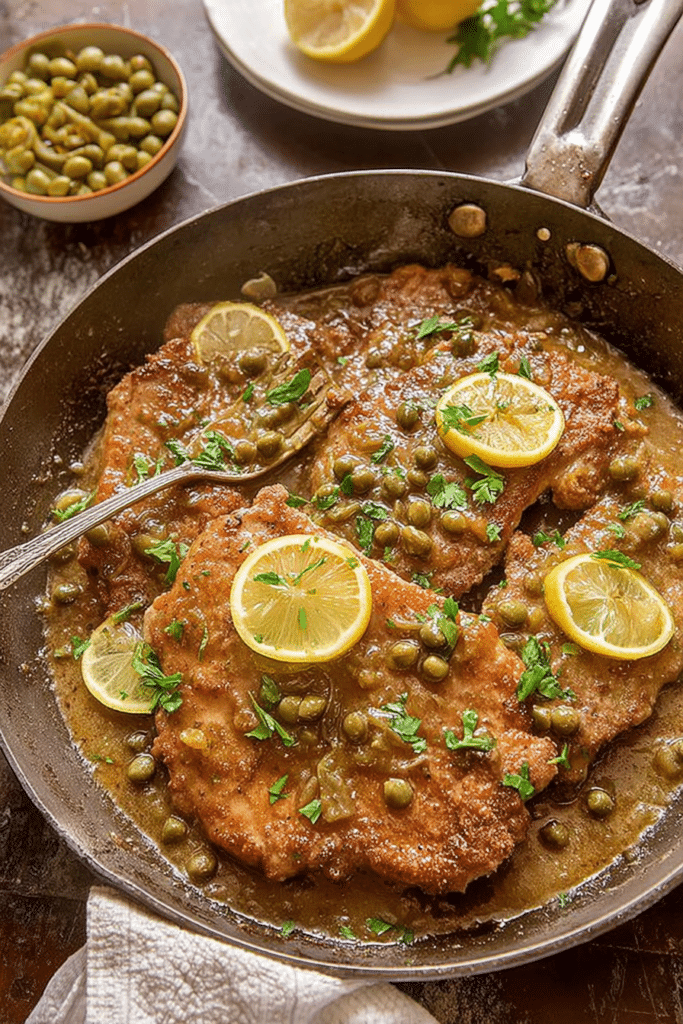 Plate of veal piccata garnished with lemon and parsley served on a rustic wooden table.
