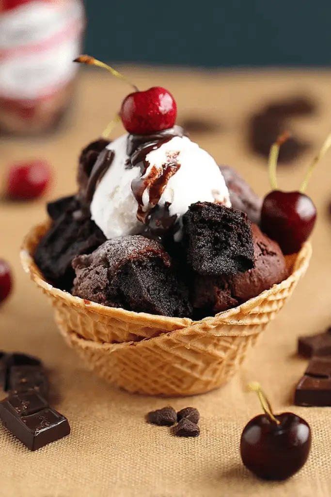 Close-up of a vegan chocolate brownie sundae in a waffle bowl topped with brownie chunks, coconut whip, chocolate shavings, and fresh cherries.