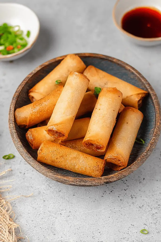 Crispy vegan Filipino spring rolls served on a plate with various dipping sauces.