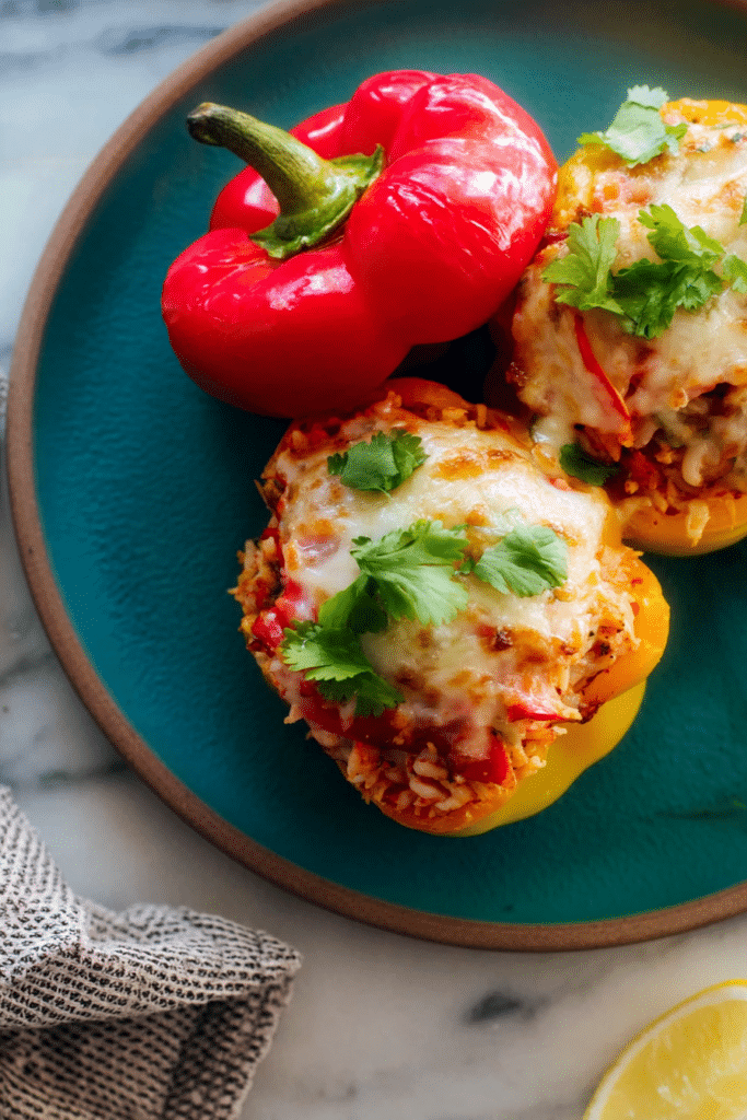 Colorful vegetarian stuffed peppers filled with rice, beans, and vegetables, garnished with cilantro and avocado.