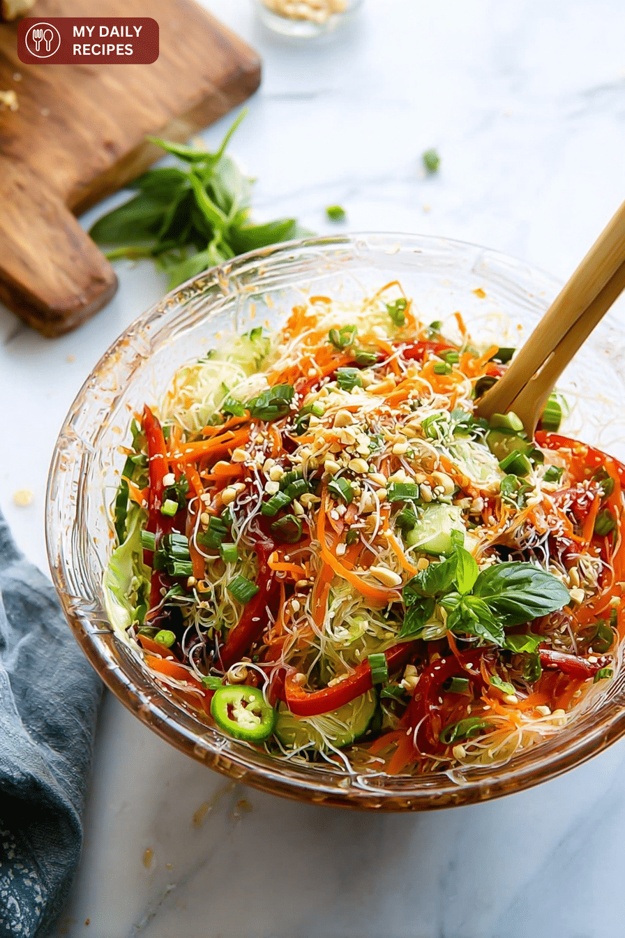 Vibrant spring roll salad with colorful vegetables and rice noodles served in a rustic wooden bowl, topped with sesame seeds and herbs.