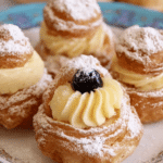 Delicious Zeppole di San Giuseppe pastries garnished with powdered sugar and cherries, perfect for St. Joseph's Day.