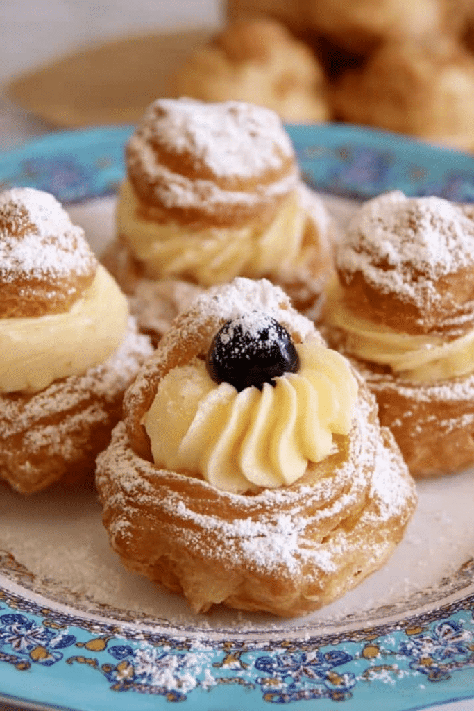 Delicious Zeppole di San Giuseppe pastries garnished with powdered sugar and cherries, perfect for St. Joseph's Day.
