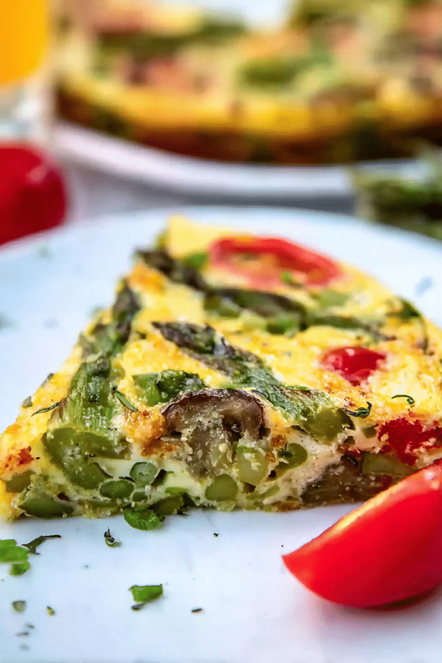 Close-up of a delicious asparagus frittata topped with cherry tomatoes and green onions on a wooden table.