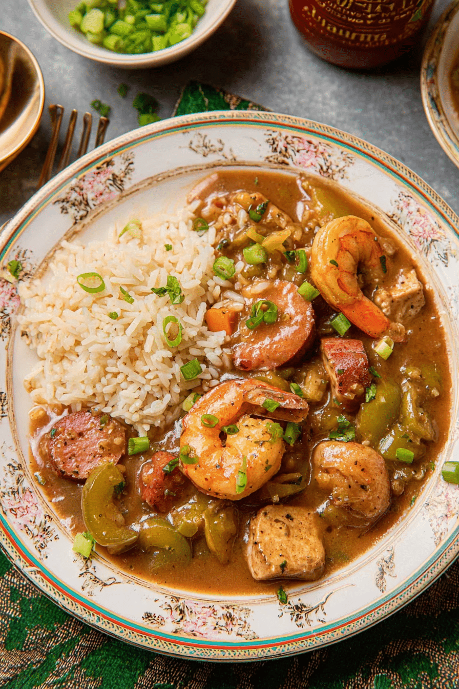 A steaming bowl of Authentic Cajun Gumbo garnished with scallions and served with white rice, highlighting its rich flavors and colorful ingredients.