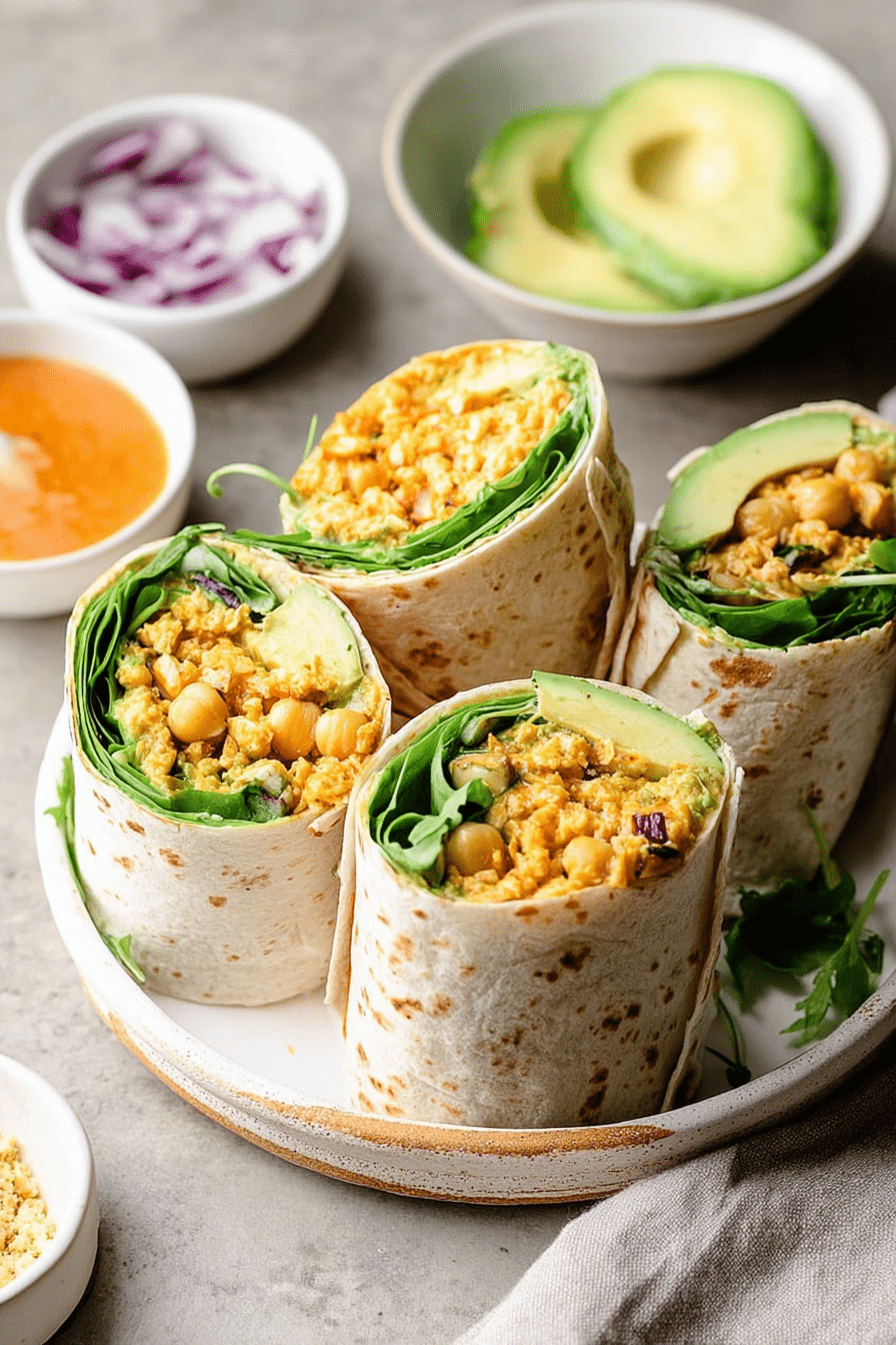 Overhead view of avocado buffalo chickpea salad wraps filled with fresh spinach, diced vegetables, and creamy avocado.