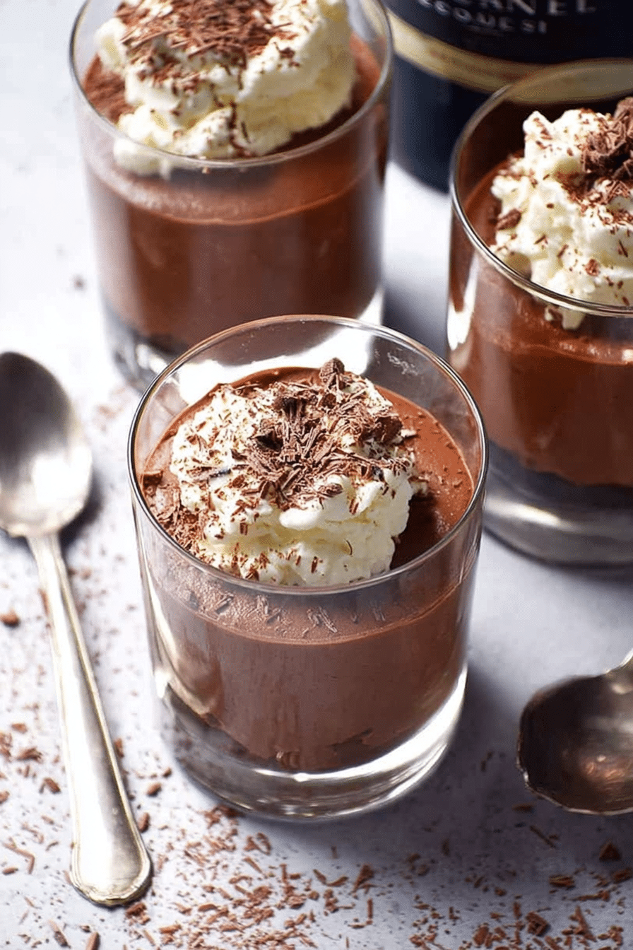 Baileys chocolate mousse topped with whipped cream and chocolate shavings in a glass on a wooden table.