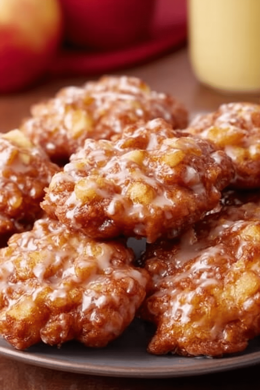 Delicious baked apple fritters topped with a smooth lemon glaze and sprinkled with cinnamon, served with fresh apple slices.