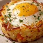 Close-up of baked eggs napoleon with runny yolk, crispy potato layers, and fresh herbs on a bright background.