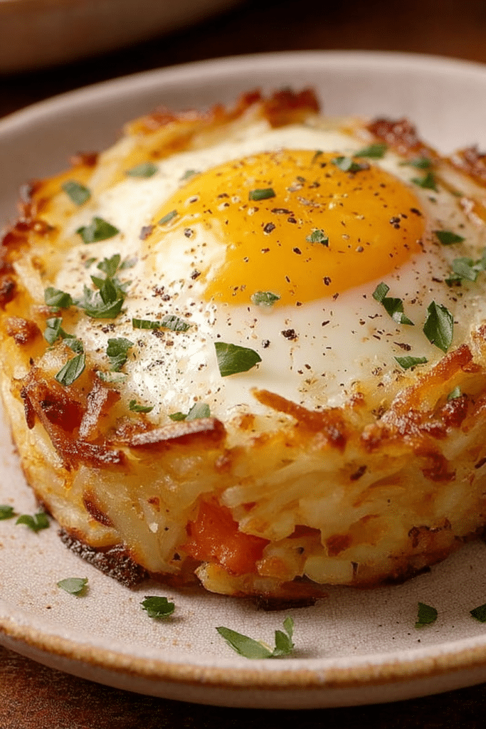 Close-up of baked eggs napoleon with runny yolk, crispy potato layers, and fresh herbs on a bright background.