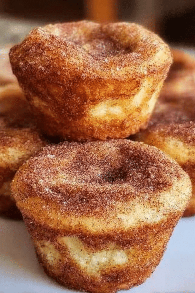 Delicious baked French toast muffins served on a plate with maple syrup and powdered sugar on top.