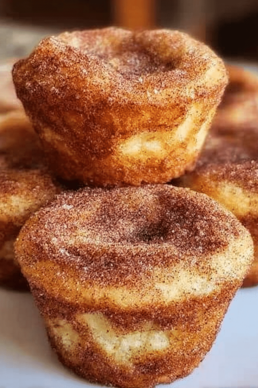 Delicious baked French toast muffins served on a plate with maple syrup and powdered sugar on top.
