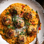 Baked rosemary chicken meatballs on a plate with creamy tomato orzo and spinach, topped with crispy rosemary leaves and parmesan cheese.
