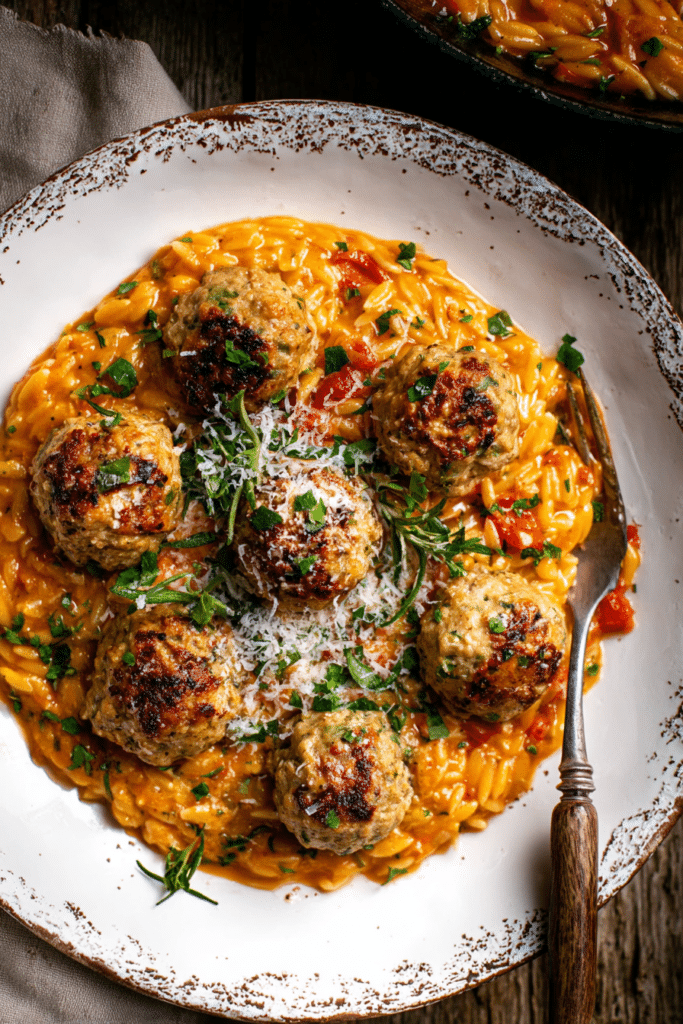 Baked rosemary chicken meatballs on a plate with creamy tomato orzo and spinach, topped with crispy rosemary leaves and parmesan cheese.