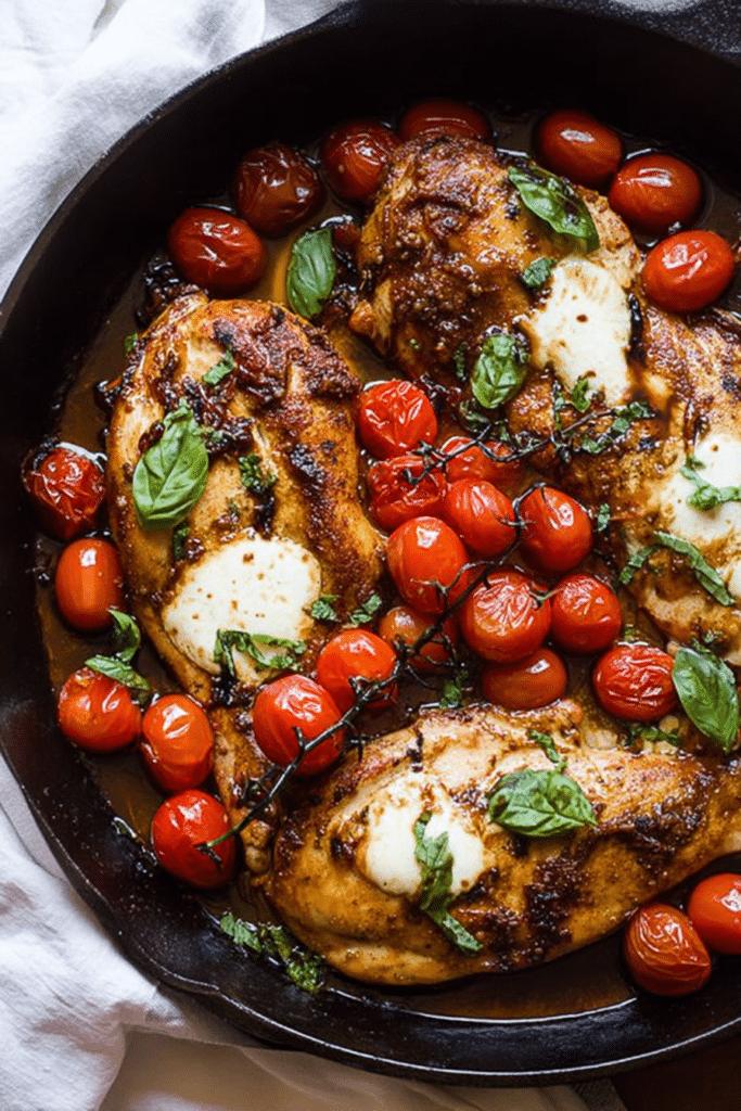 Plated balsamic glazed one pan chicken with grape tomatoes and fresh mozzarella, garnished with basil.