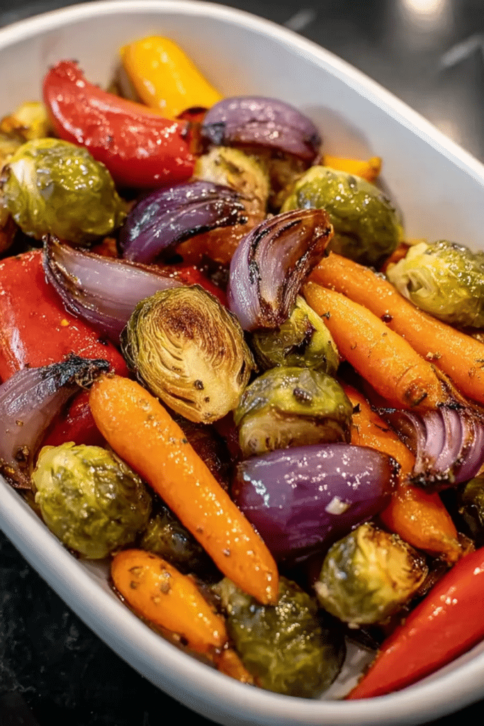 Balsamic glazed roasted vegetables including Brussels sprouts, carrots, and bell peppers on a wooden table.
