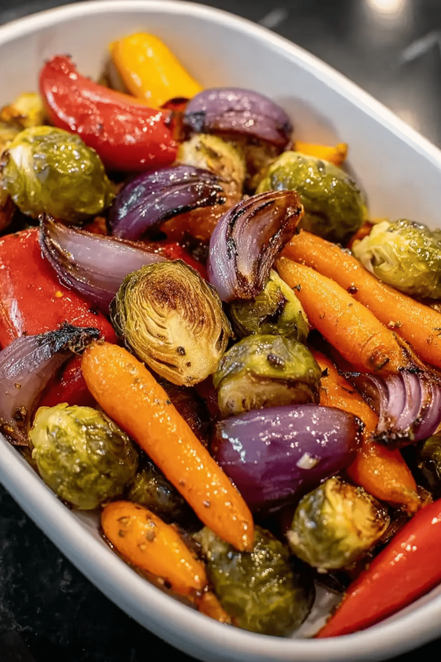 Balsamic glazed roasted vegetables including Brussels sprouts, carrots, and bell peppers on a wooden table.