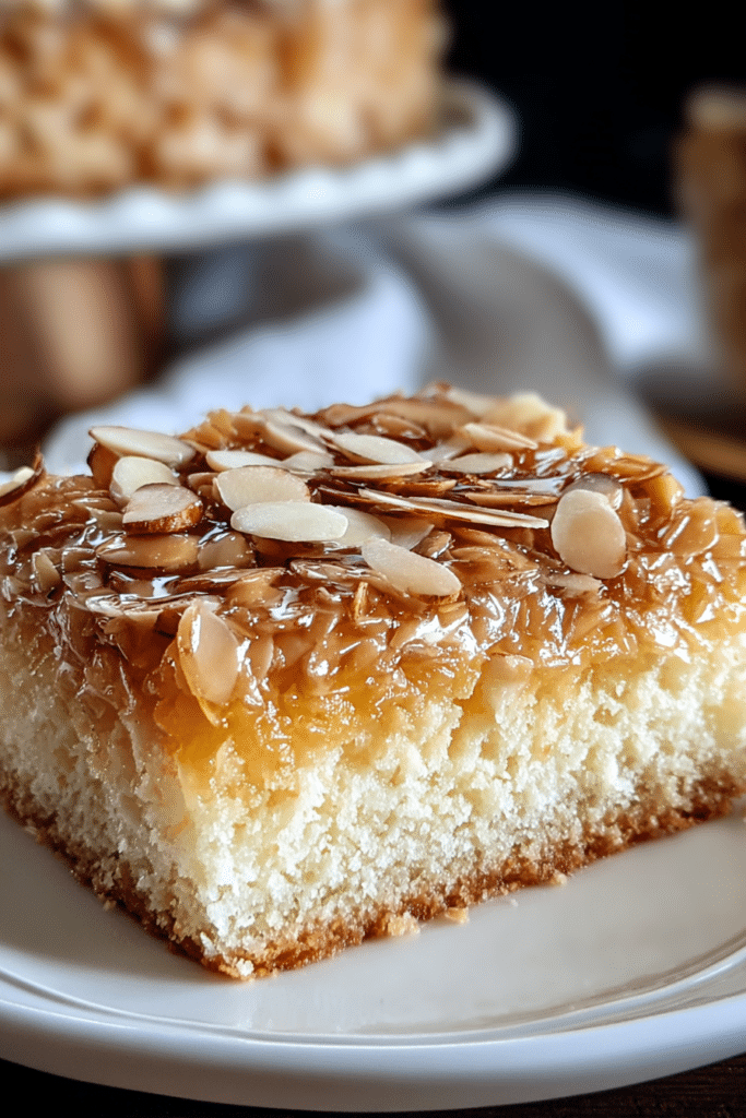 Slice of Bienenstich cake showcasing the creamy filling and almond topping, served on a wooden table.