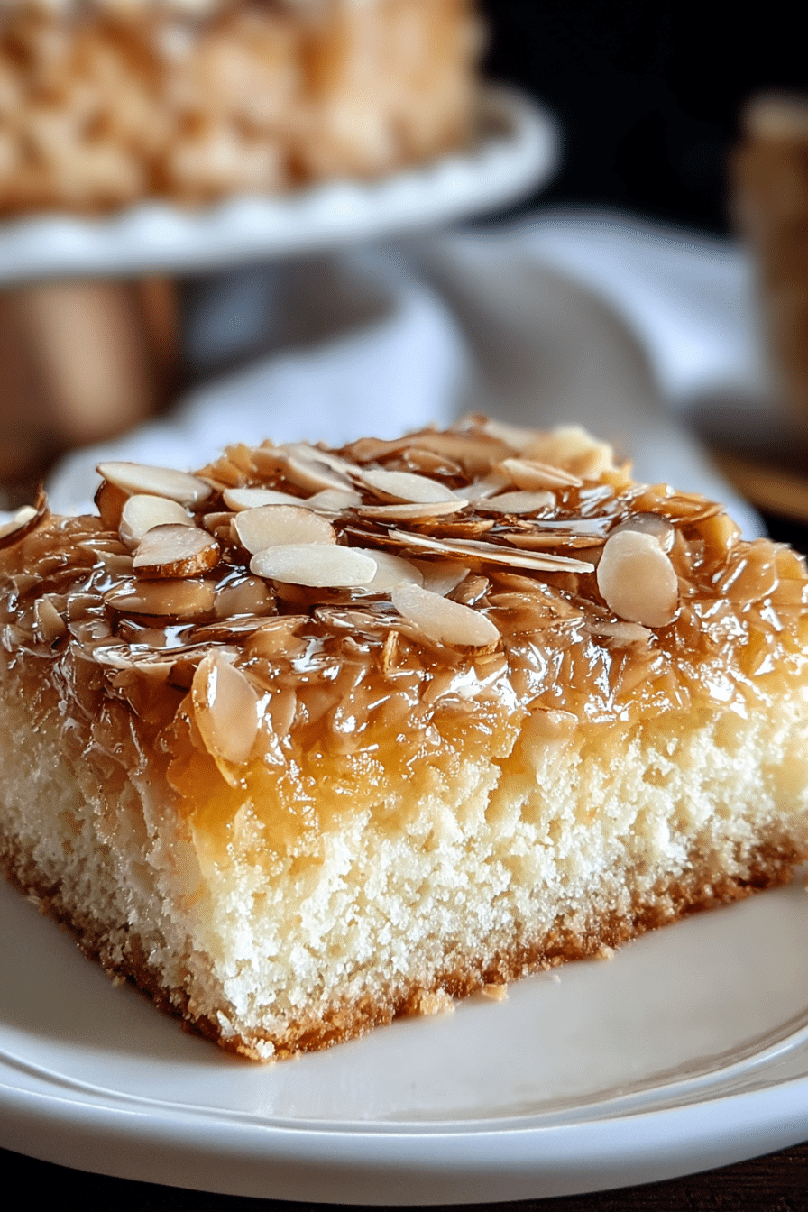 Slice of Bienenstich cake showcasing the creamy filling and almond topping, served on a wooden table.