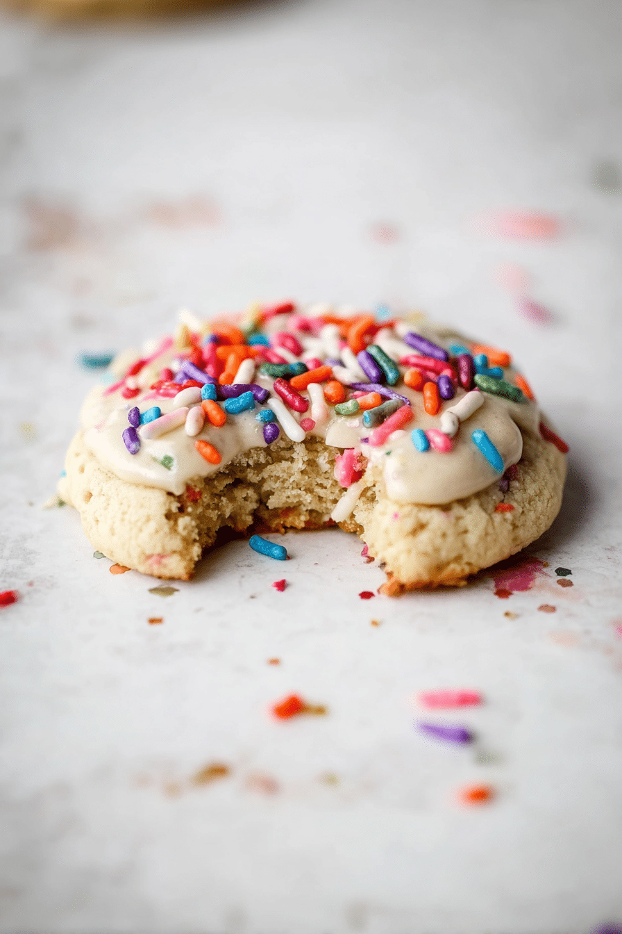 Close-up of soft and colorful birthday cake cookies topped with sprinkles.