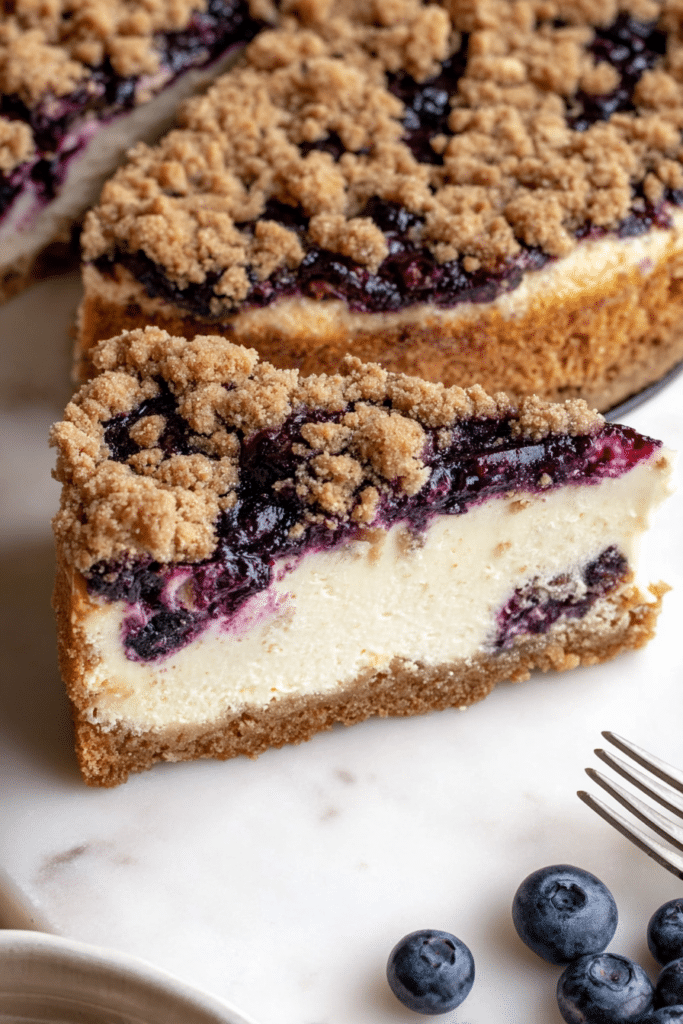 Slice of blueberry crumble cheesecake served on a plate with fresh blueberries, highlighting its creamy texture and crumble topping.