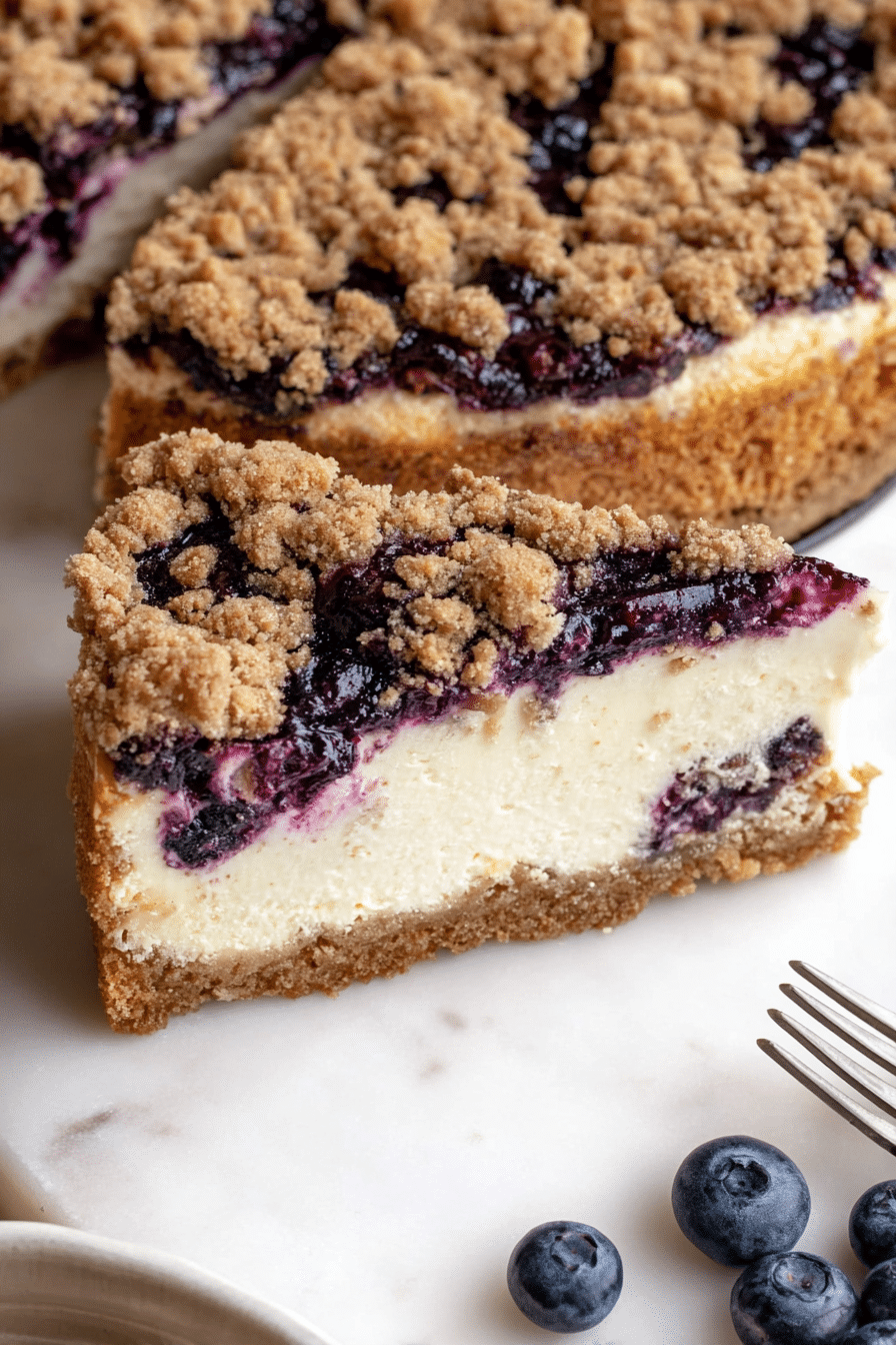 Slice of blueberry crumble cheesecake served on a plate with fresh blueberries, highlighting its creamy texture and crumble topping.