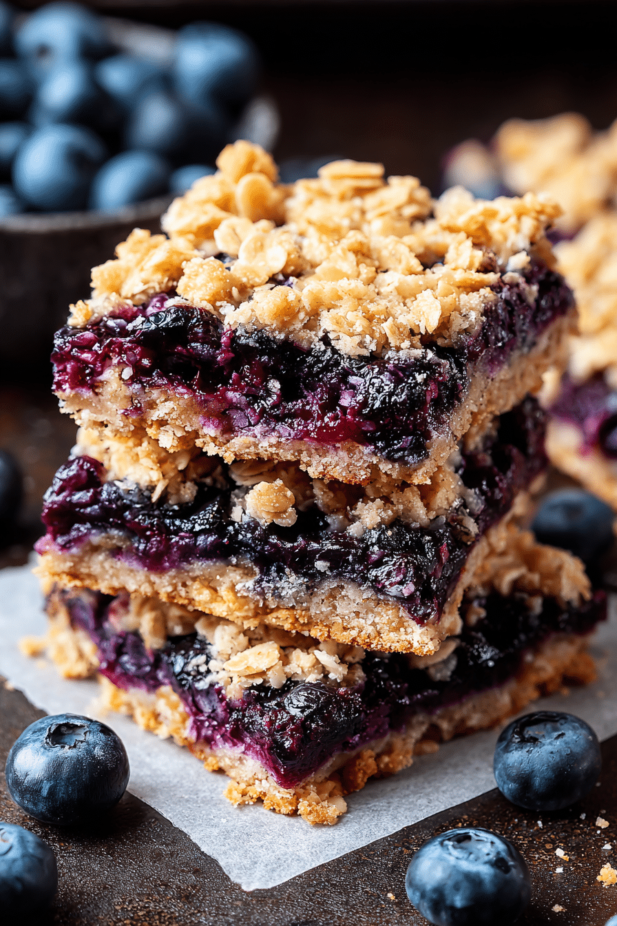 Freshly baked blueberry oatmeal bars displayed on a wooden board with blueberries scattered around.
