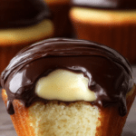 Close-up of Boston Cream Pie Cupcake with chocolate ganache and vanilla filling on rustic wooden table.