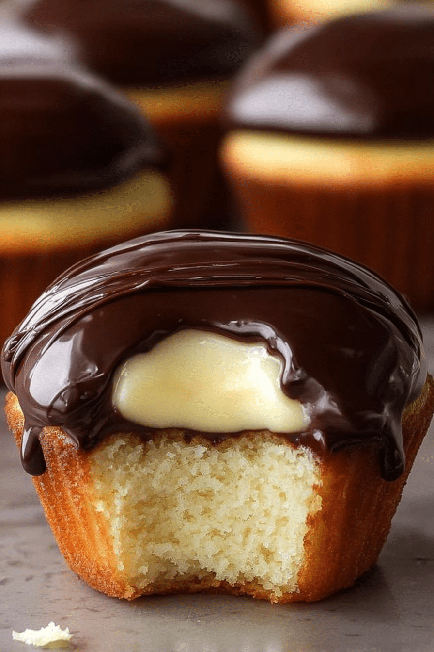 Close-up of Boston Cream Pie Cupcake with chocolate ganache and vanilla filling on rustic wooden table.