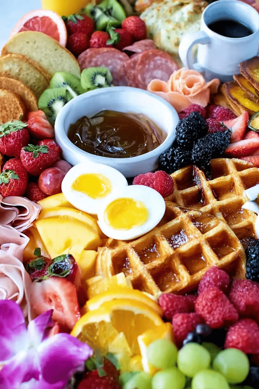 Brunch charcuterie board with waffles, fruits, meats, and baked goods for a delightful breakfast spread.