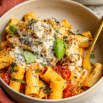 Delicious burst cherry tomato basil chicken rigatoni served in a bowl, topped with fresh basil and parmesan cheese.