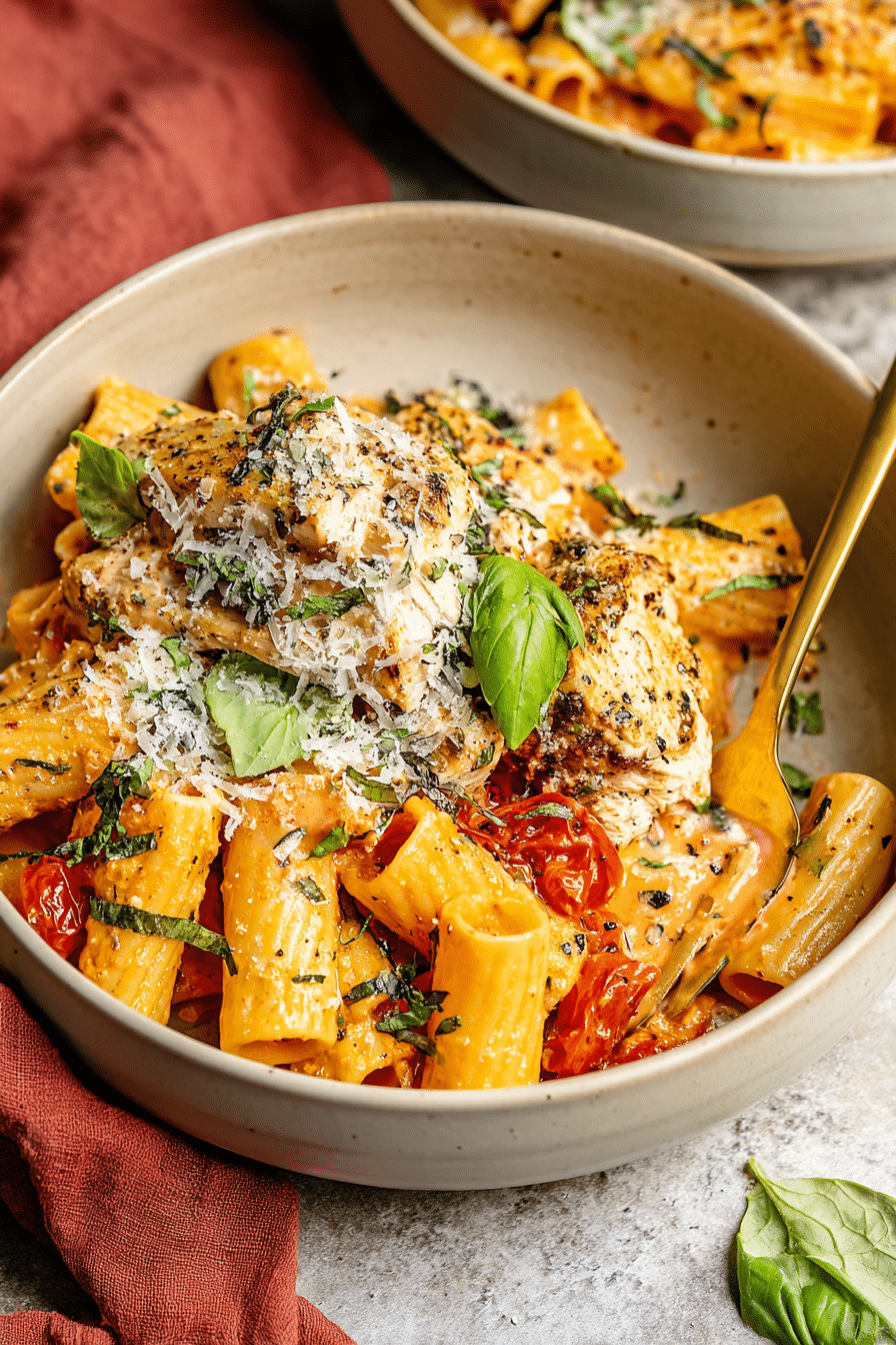 Delicious burst cherry tomato basil chicken rigatoni served in a bowl, topped with fresh basil and parmesan cheese.