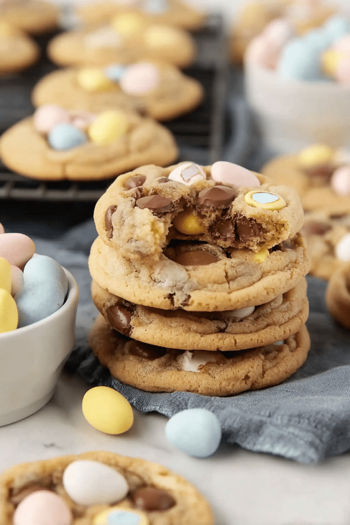 Delicious freshly baked Cadbury Egg Cookies with colorful Cadbury mini eggs around them.